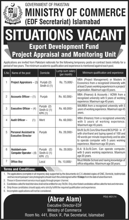 Ministry of Commerce Pakistan Jobs 2015 March Export Development Fund (EDF) Latest