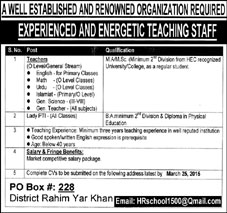 Teaching Jobs in Rahim Yar Khan 2015 March PO Box 228 Latest Advertisement