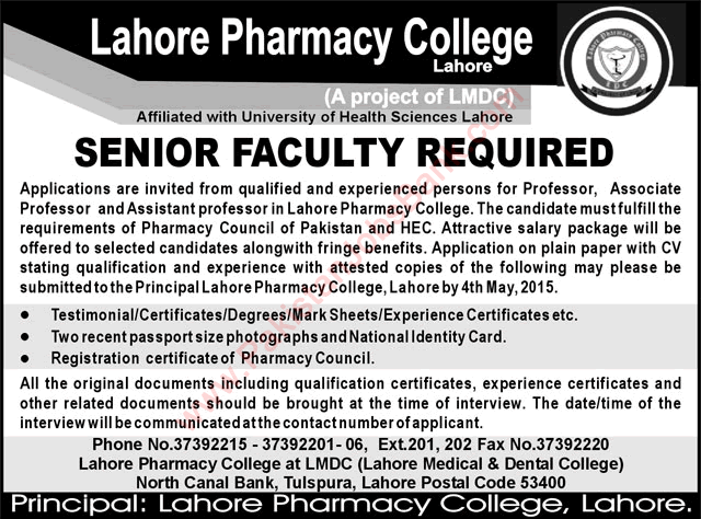 Lahore Pharmacy College Jobs 2015 April / May Senior Teaching Faculty Latest