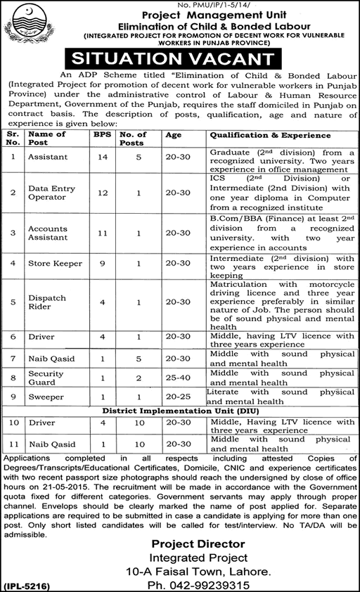 Labour and Human Resource Department Punjab Jobs 2015 April / May Elimination of Child and Bonded Labour