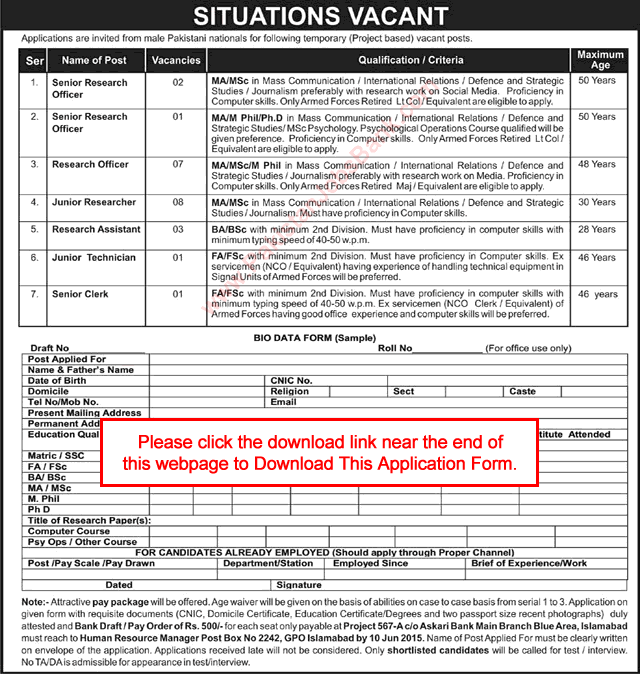 PO Box 2242 GPO Islamabad Jobs 2015 May Application Form Download Research Project Latest