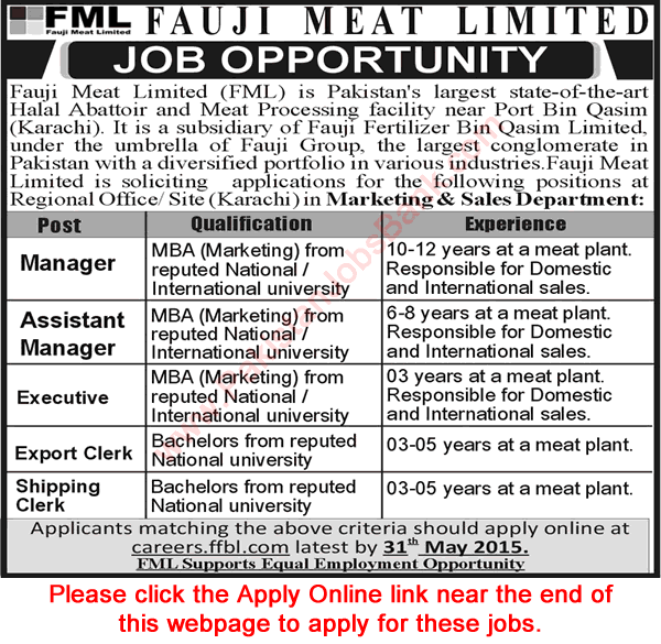 Fauji Meat Limited Karachi Career Opportunities 2015 May Apply Online Managers, Executive & Clerks