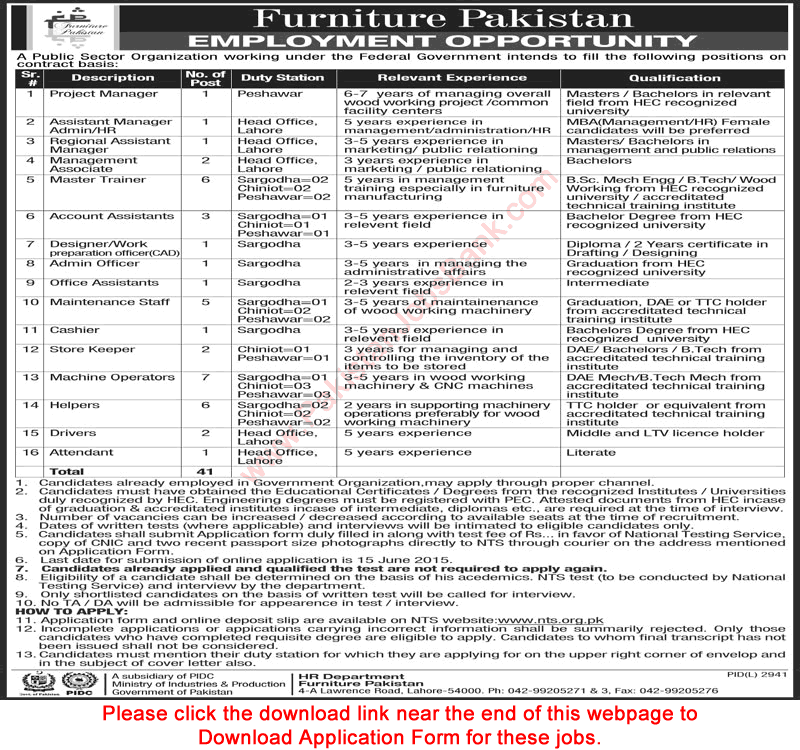 Furniture Pakistan Vacancies 2015 May / June NTS Application Form Ministry of Industries & Production