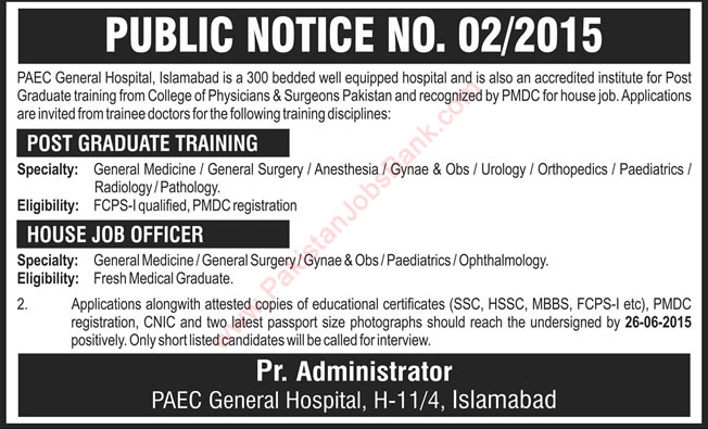 PAEC General Hospital Islamabad Jobs 2015 June under House Job & Postgraduate Training