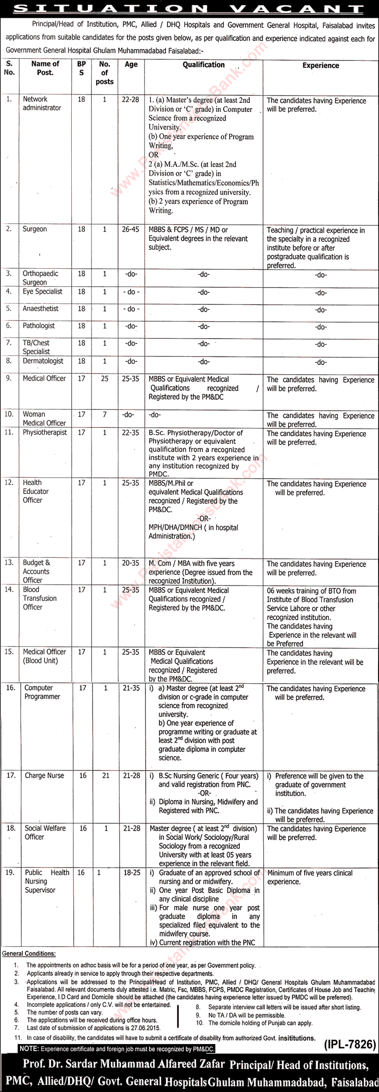 Government General Hospital Faisalabad Jobs 2015 June Medical Officers / Specialists, Nurses & Admin Staff