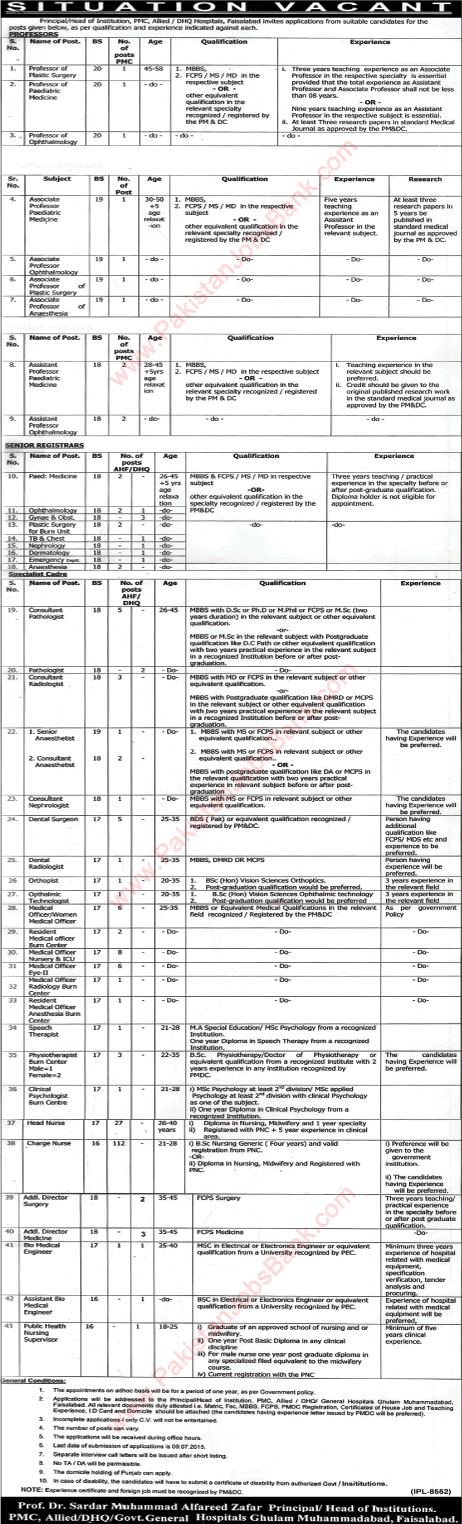 PMC, Allied, DHQ & General Hospital Faisalabad Jobs July 2015 Charge / Head Nurses, Medical Officers & Others