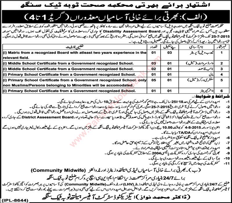 Health Department Toba Tek Singh Jobs 2015 July Disabled Quota & Lady Health Visitors / Midwifes