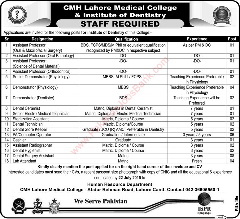 CMH Lahore Medical College and Institute of Dentistry Jobs 2015 July Teaching Faculty & Other Staff