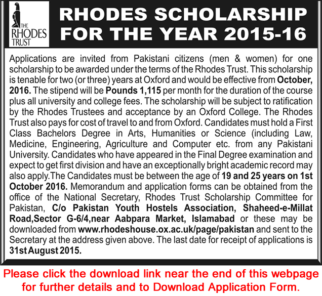 Rhodes Scholarship Pakistan 2015-2016 Study at Oxford Application Form Download Latest