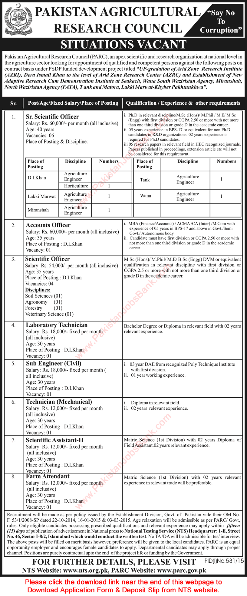 Pakistan Agriculture Research Council Jobs 2015 August PARC NTS Application Form Download Latest