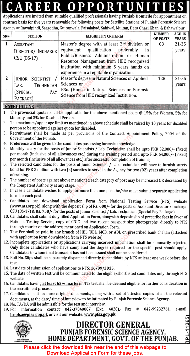 Punjab Forensic Science Agency Jobs August 2015 NTS Application Form Download Latest