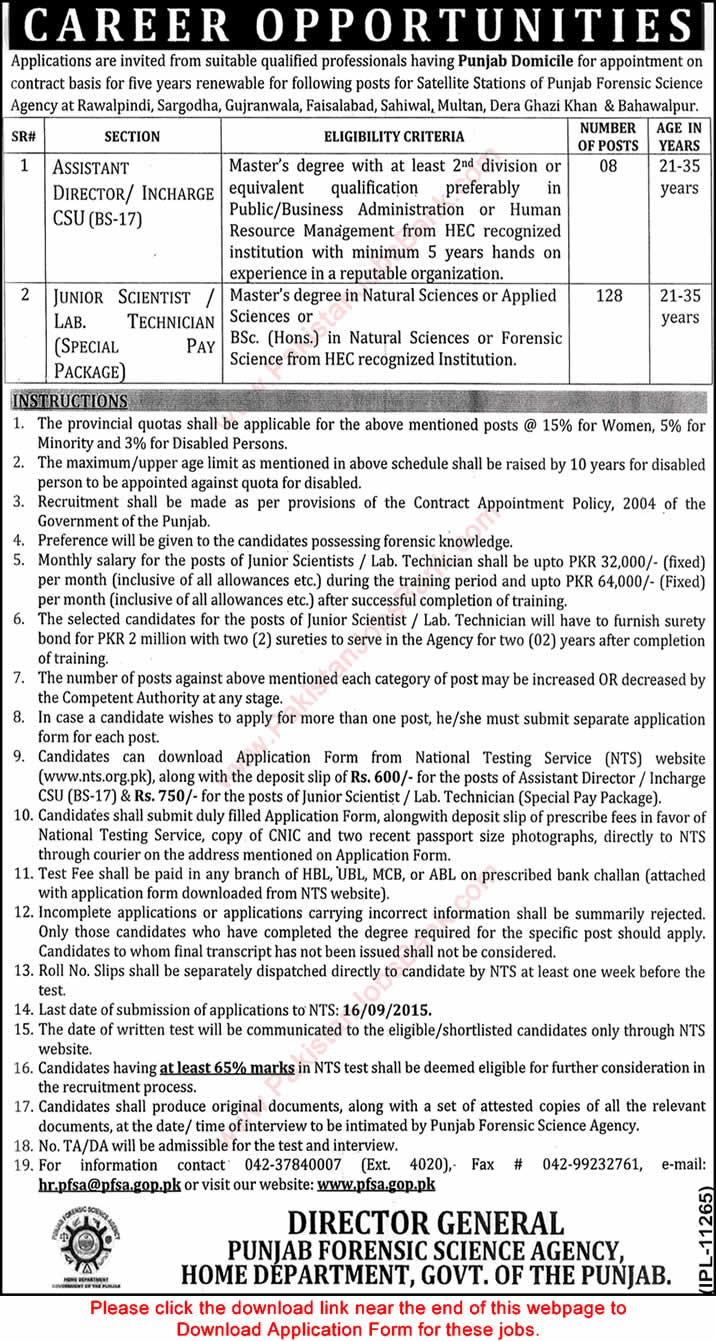 Punjab Forensic Science Agency Jobs 2015 August NTS Junior Scientists / Lab Technicians & Assistant Directors