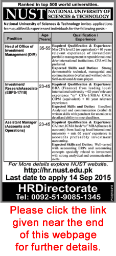 National University of Science & Technology Islamabad Jobs 2015 August / September NUST Latest