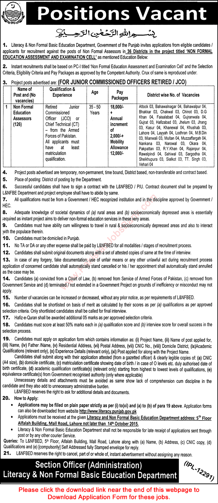 Non Formal Education Assessors Jobs in Literacy Department Punjab 2015 September Application Form Download