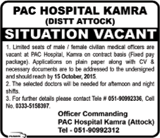 PAC Hospital Kamra Jobs 2015 October Attock Civilian Medical Officers Latest