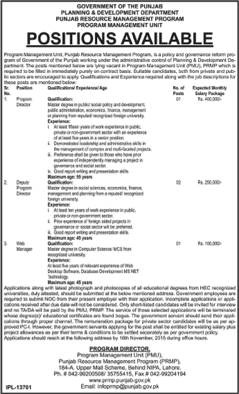 Punjab Resource Management Program Lahore Jobs 2015 November Planning & Development Department