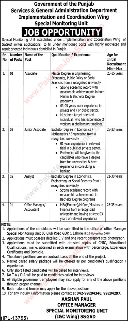 Service and General Administration Department Punjab Jobs 2015 November Analyst, Associates & Accountant