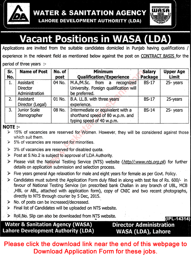 WASA Lahore Jobs 2015 November LDA NTS Application Form Stenographers & Assistant Directors