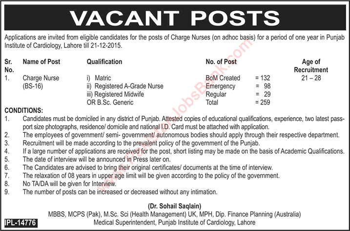 Charge Nurse Jobs in Punjab Institute of Cardiology Lahore December 2015 PIC Hospital Latest Advertisement