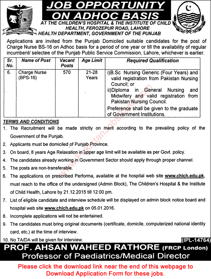 Charge Nurse Jobs in Children's Hospital Lahore 2015 December Application Form The Institute of Child Health CHICH Latest