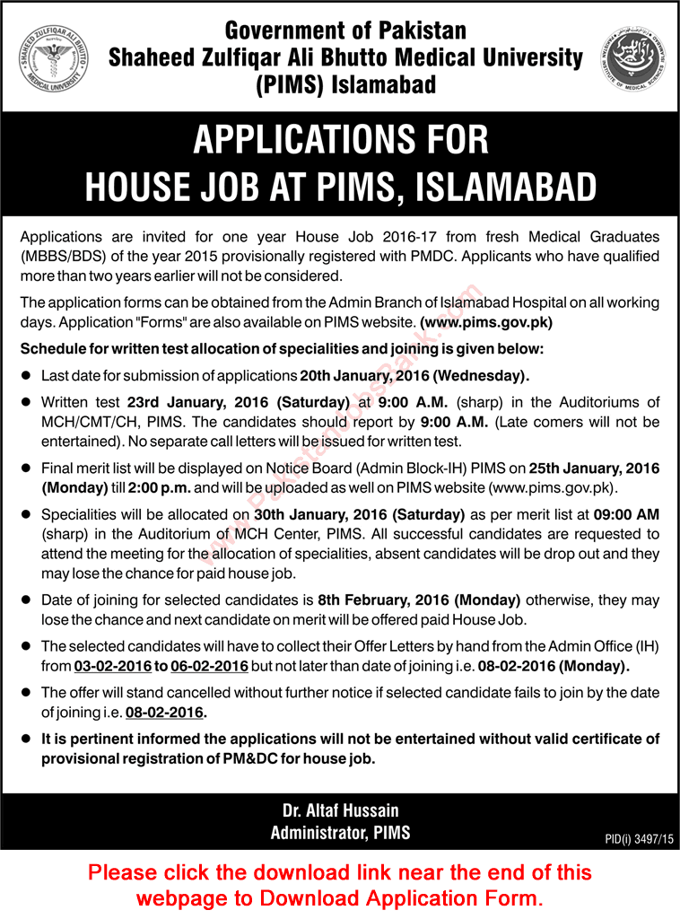 PIMS Hospital Islamabad House Job Training 2016 Application Form Download SZABMU Latest