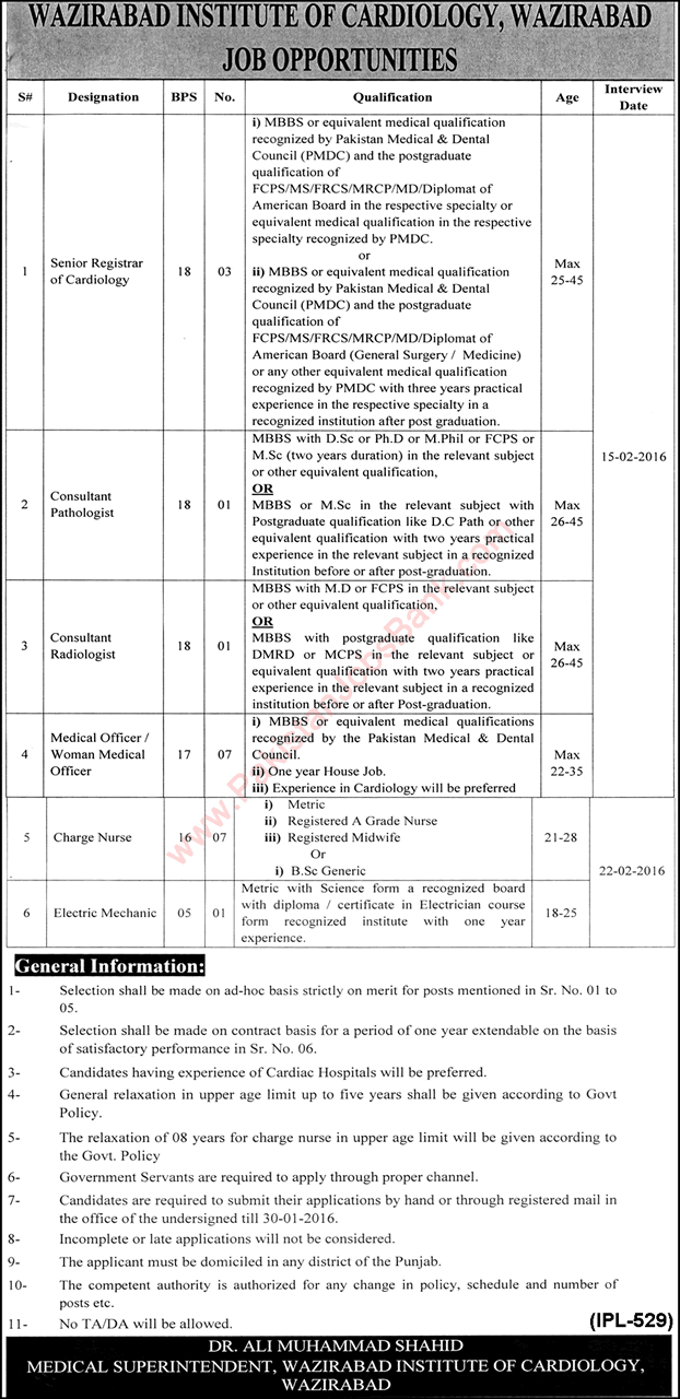 Wazirabad Institute of Cardiology Jobs 2016 Medical Officers, Specialists, Charge Nurses & Electric Mechanic Latest