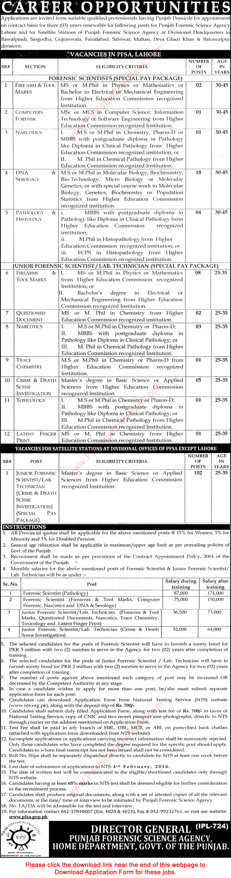 Punjab Forensic Science Agency Jobs 2016 PFSA NTS Application Form Forensic Scientists & Lab Technicians Latest