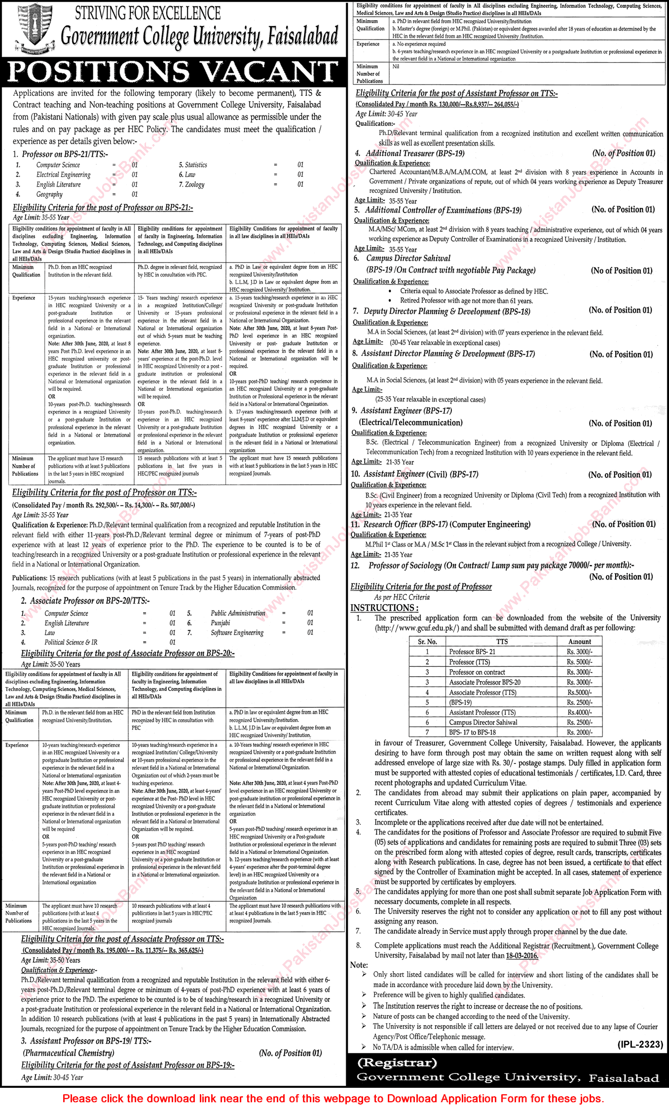 GC University Faisalabad Jobs 2016 March Application Form Teaching Faculty & Others Latest Advertisement
