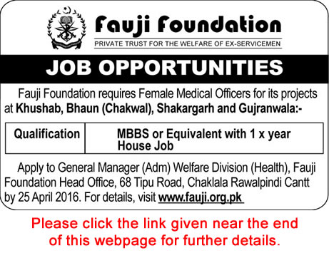 Fauji Foundation Jobs April 2016 Female Medical Officers Latest