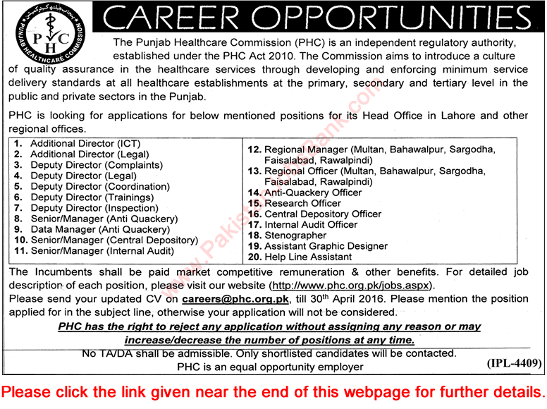 Punjab Healthcare Commission Jobs 2016 April PHC Directors, Managers, Officers & Others Latest