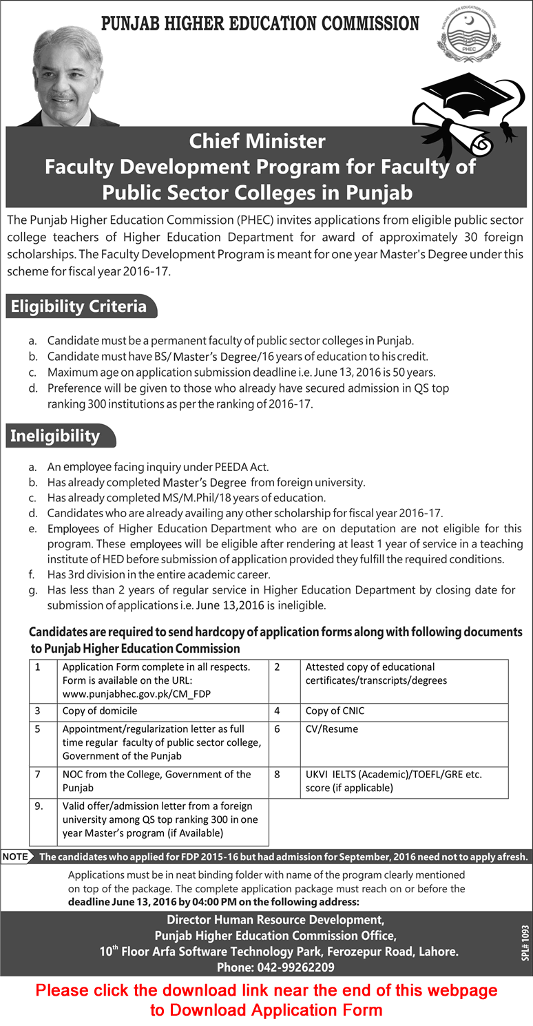 Punjab Higher Education Commission Faculty Development Program 2016 May for Colleges PHEC Application Form Latest