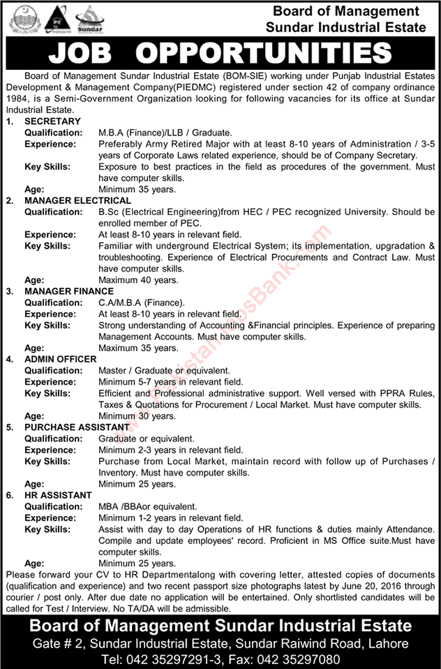 Sundar Industrial Estate Lahore Jobs June 2016 BOM-SIE Admin Officer, HR / Purchase Assistants & Others Latest