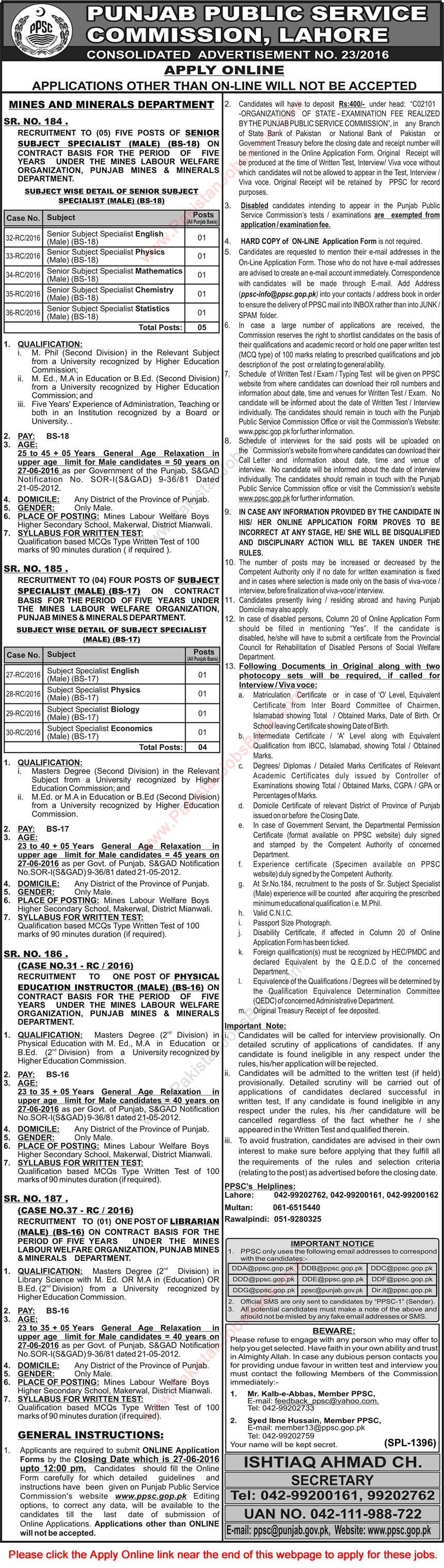 PPSC Jobs June 2016 Consolidated Advertisement No 23/2016 Apply Online Latest