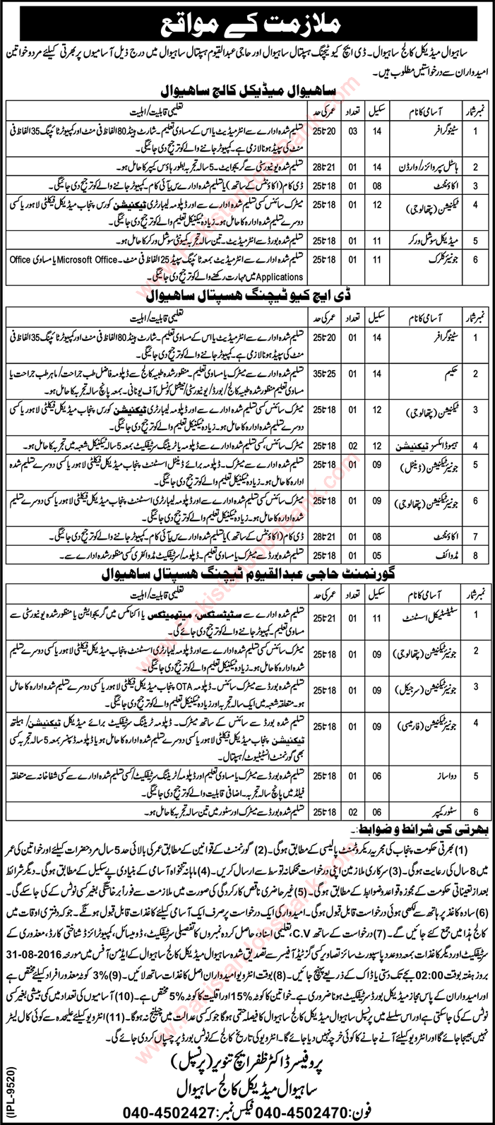 Health Department Sahiwal Jobs August 2016 at DHQ Hospital, Medical College & Teaching Hospital Latest