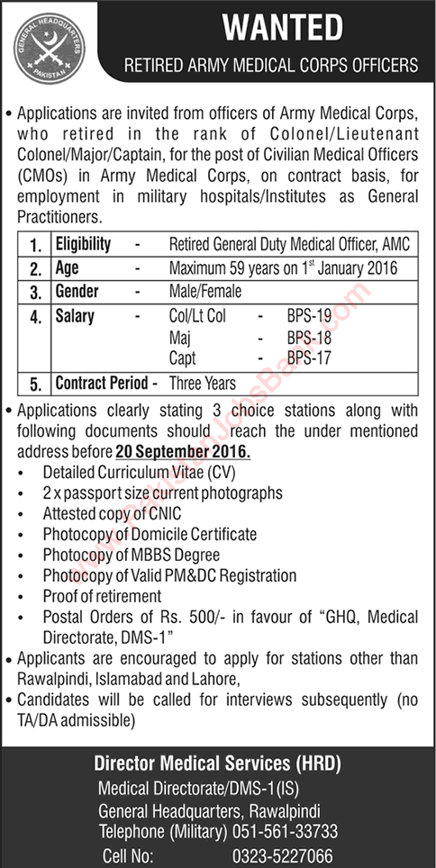 Medical Officer Jobs in Pakistan Army September 2016 Retired Doctors in Army Medical Corps Latest
