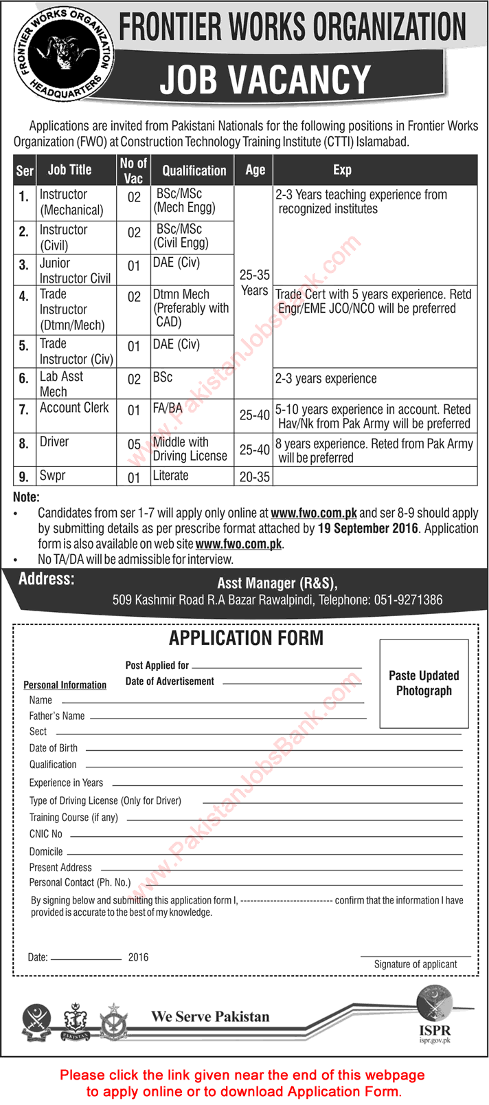 FWO Jobs September 2016 Islamabad Apply Online at Construction Technology Training Institute CTTI Latest