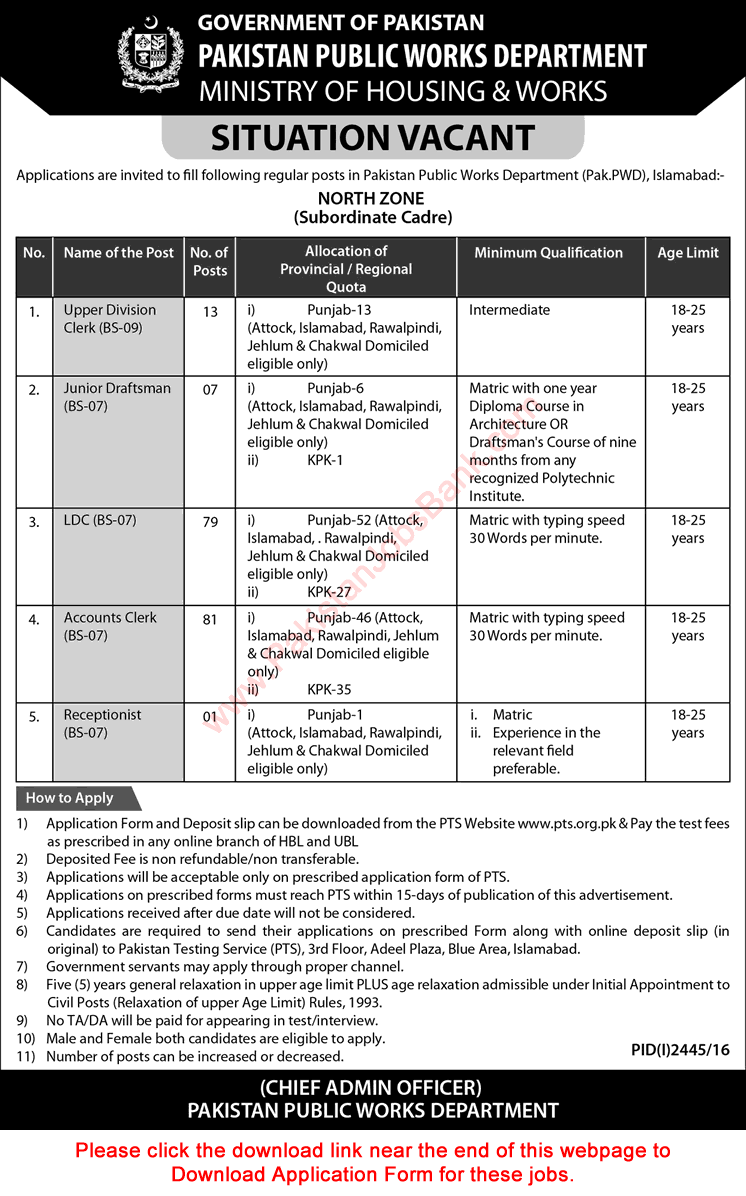 Pakistan Public Works Department Jobs November 2016 Islamabad PTS Application Form Download Latest