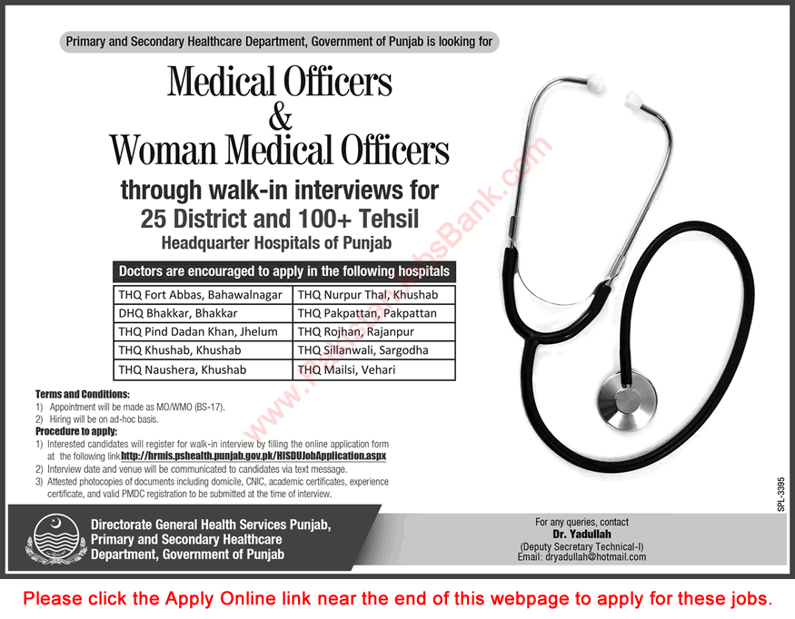 Medical Officer Jobs in Primary and Secondary Healthcare Department Punjab December 2016 Walk in Interviews Latest