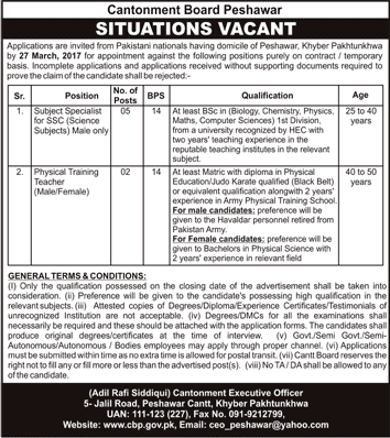 Cantonment Board Peshawar Jobs 2017 March Subject Specialists & Physical Training Teachers Latest