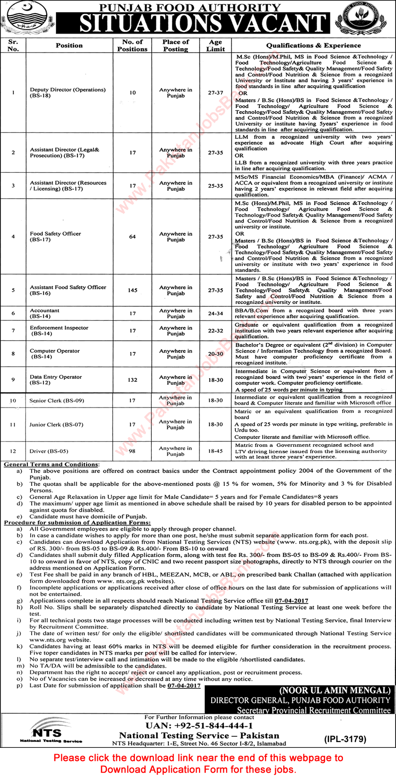 Punjab Food Authority Jobs March 2017 NTS Application Form Food Safety Officers, Data Entry Operators & Others Latest