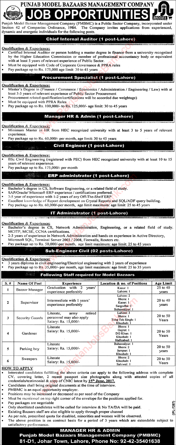 Punjab Model Bazaars Management Company Jobs June 2017 Bazaar Managers, Supervisors & Others Latest