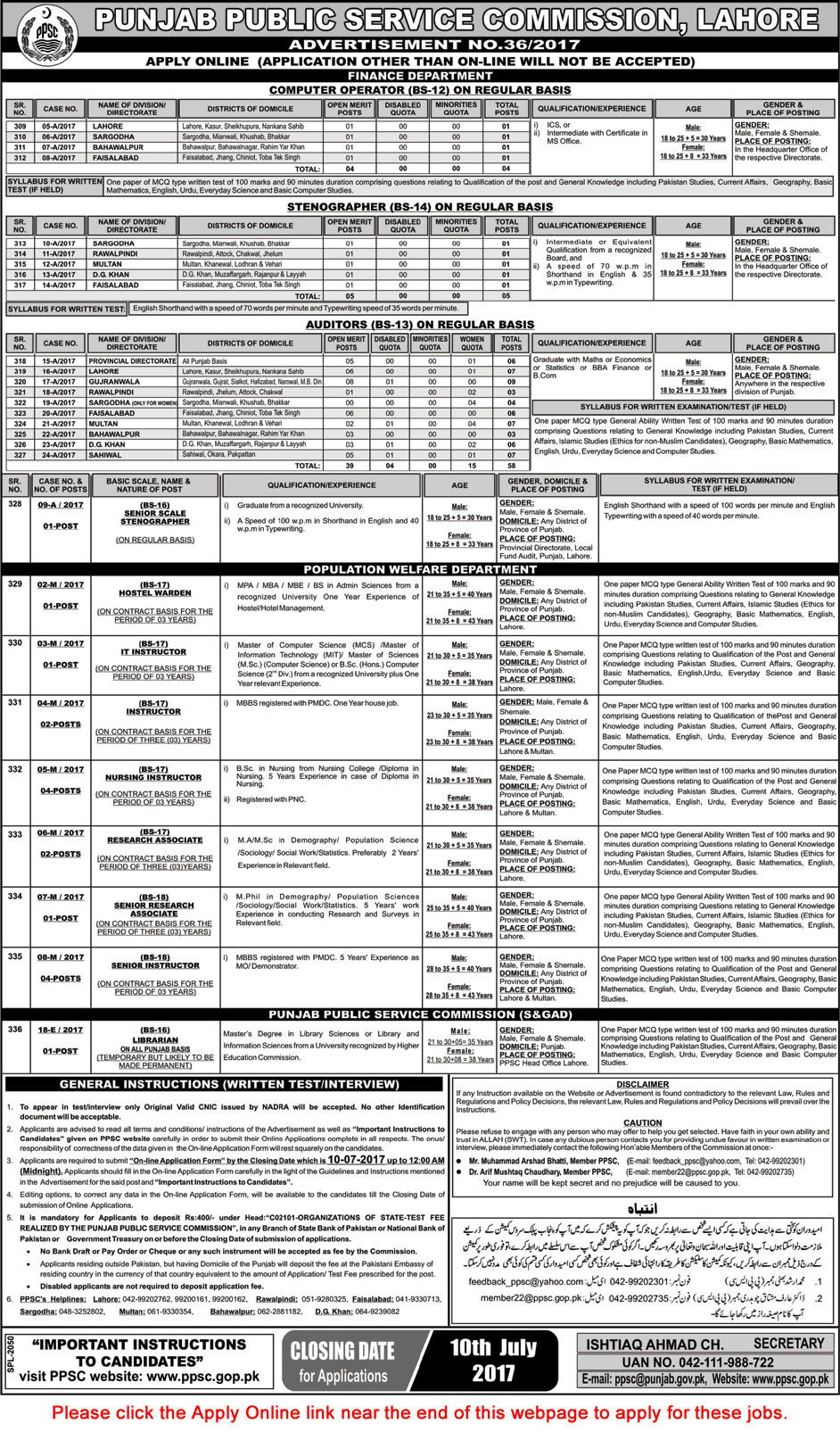 PPSC Jobs June 2017 Apply Online Consolidated Advertisement No 36/2017 Latest