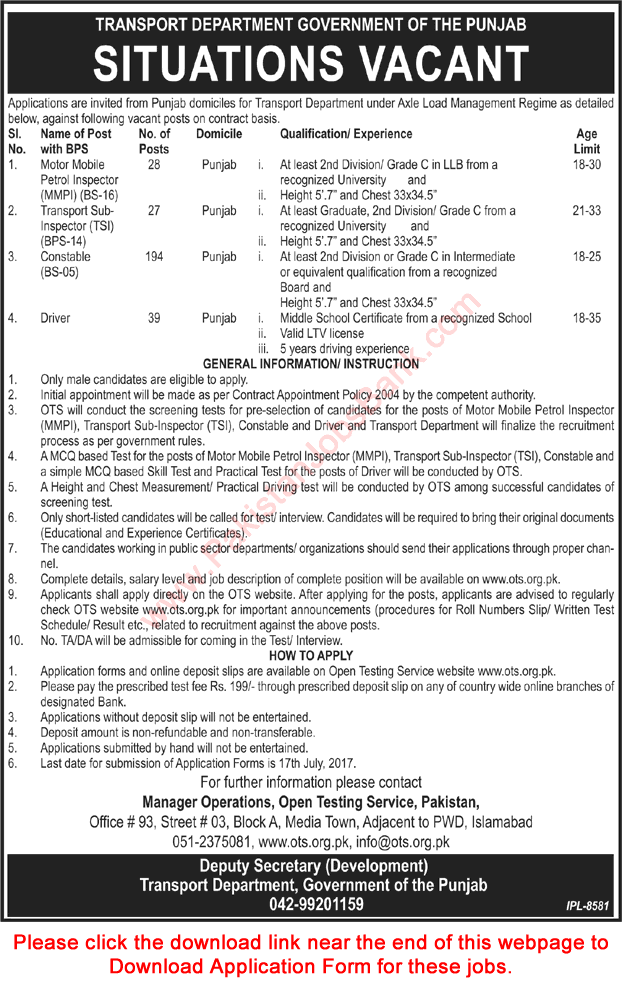 Transport Department Punjab Jobs June 2017 July OTS Application Form Constables & Others Latest