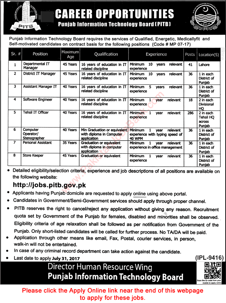 Punjab Information Technology Board Jobs July 2017 Apply Online Tehsil IT Officers, Managers & Others PITB Latest