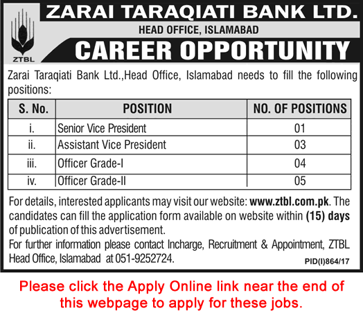 ZTBL Jobs August 2017 Apply Online Officer Grade-I / II & Vice Presidents Zarai Taraqiati Bank Limited Latest