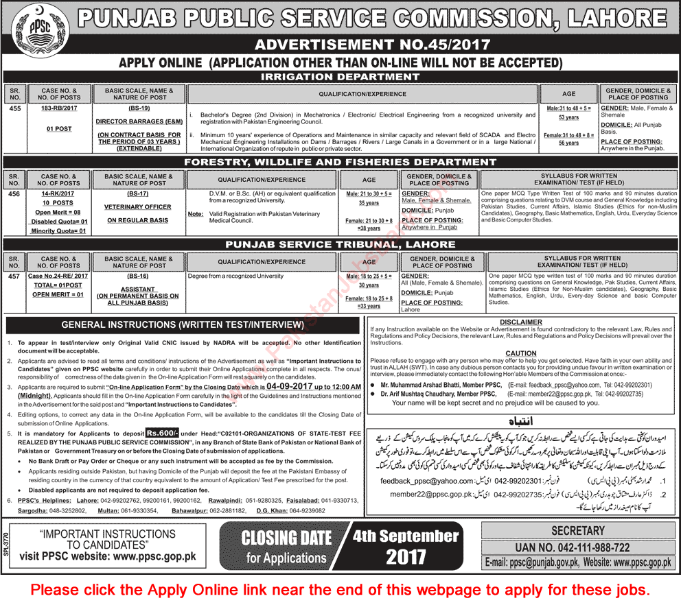 PPSC Jobs August 2017 Apply Online Consolidated Advertisement No 45/2017 Latest