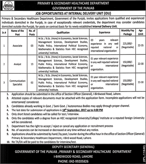 Primary and Secondary Healthcare Department Punjab Jobs September 2017 Analysts, Associates & Communication Specialists Latest