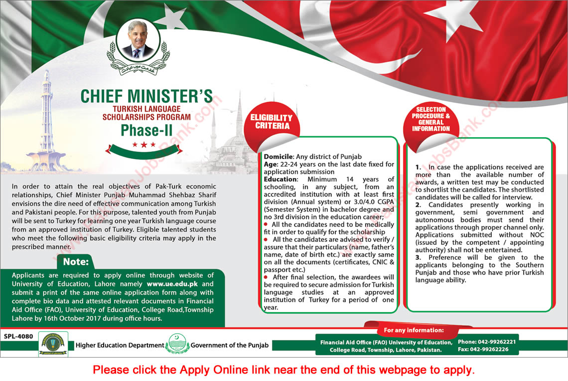 Chief Minister's Turkish Language Scholarships Program 2017 September Apply Online University of Education Latest