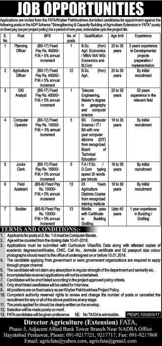 Agriculture Department FATA Jobs 2017 December Field Assistants, Agriculture Officers & Others Latest
