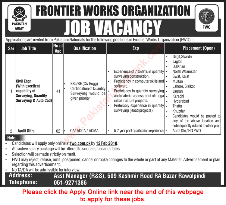 FWO Jobs 2018 January Apply Online Civil Engineers & Audit Officers Frontier Works Organization Latest